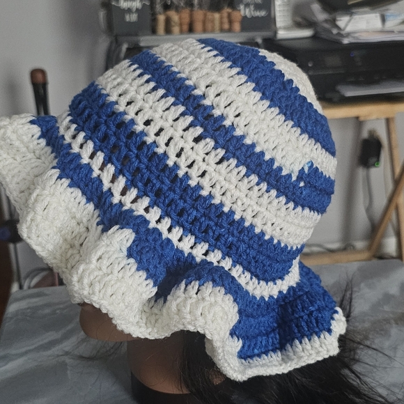 Crochet Blue and White Ruffle Bucket Hat